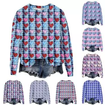 Женская свободная повседневная толстовка с круглым вырезом и длинными рукавами на День святого Валентина, модный топ с длинными рукавами L синий
