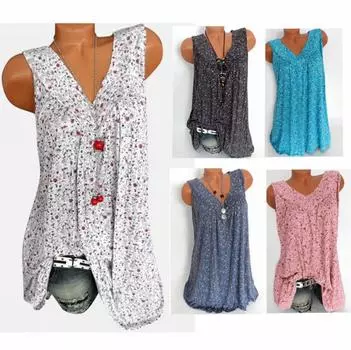 Женская свободная повседневная трикотажная майка без рукавов с v-образным вырезом и небольшим цветочным принтом