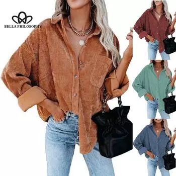 Женская свободная повседневная вельветовая рубашка большого размера, модная повседневная свободная рубашка на осень и зиму для женщин S чёрный