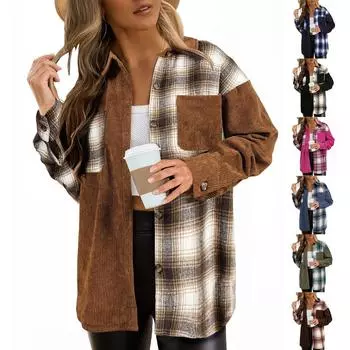 Женская свободная повседневная вельветовая рубашка с цветными блоками, куртка с длинными рукавами и застежкой на пуговицы XL синий