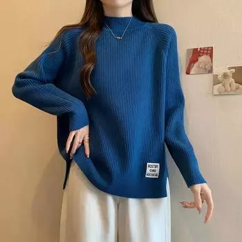 Женская свободная простая трикотажная рубашка с полувысоким воротом и полосатым свитером на осень и зиму 4XL чёрный