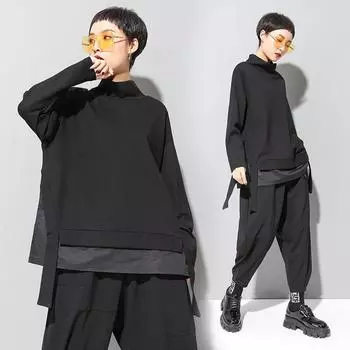 Женская свободная прямая футболка с длинными рукавами на весну и осень, простая повседневная куртка 2XL чёрный