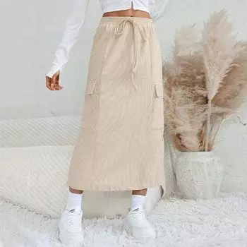 Женская свободная прямая юбка, летняя юбка со средней посадкой с разрезом сзади, американская рабочая одежда на шнурке, юбка, повседневная модная повседневная одежда S абрикосовый