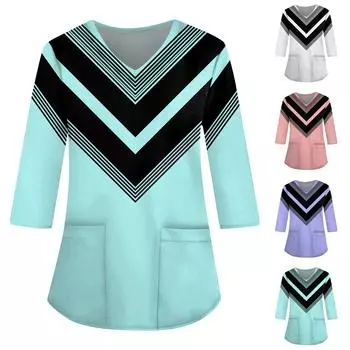 Женская свободная рабочая одежда с V-образным вырезом и карманами с геометрическим принтом и рукавами три четверти L циан