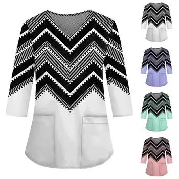 Женская свободная рабочая одежда с V-образным вырезом и карманами с геометрическим принтом и рукавами три четверти L зелёный