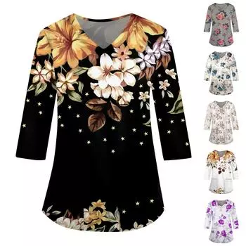 Женская свободная рабочая одежда с V-образным вырезом и карманами с геометрическим принтом и рукавами три четверти L чёрный