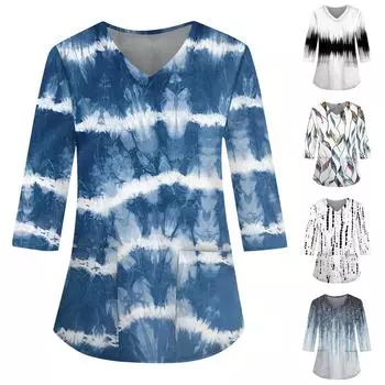 Женская свободная рабочая одежда с V-образным вырезом и карманами с геометрическим принтом и рукавами три четверти L чёрный