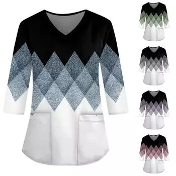 Женская свободная рабочая одежда с V-образным вырезом и карманами с геометрическим принтом и рукавами три четверти L синий