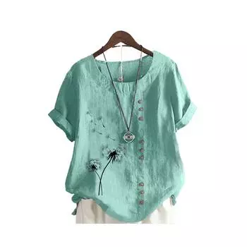 Женская свободная рубашка большого размера, женская повседневная блузка с круглым воротником и принтом, летняя мода, короткий рукав, топ S коричневый