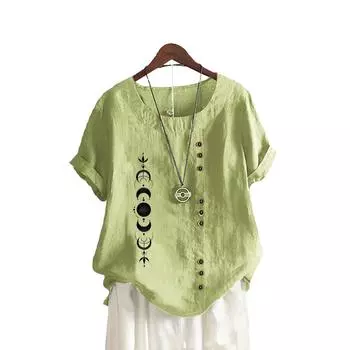 Женская свободная рубашка большого размера, женская повседневная блузка с круглым воротником и принтом, летняя модная блузка с коротким рукавом S коричневый