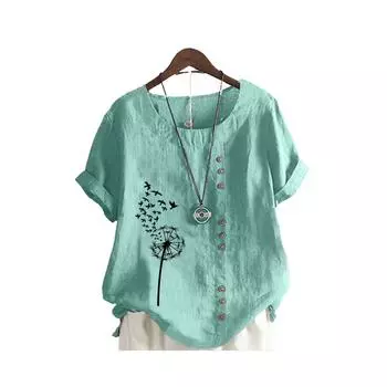 Женская свободная рубашка большого размера, женская повседневная блузка с круглым воротником и принтом, летняя мода, короткий рукав, топ S коричневый