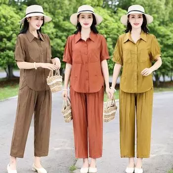 Женская свободная рубашка + длинные брюки, летний комплект, классический топ с короткими рукавами, однотонный цвет 2024, боковая молния, большие размеры для женщин XXXXXL оранжевый