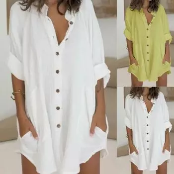 Женская свободная рубашка миди из хлопка и льна на пуговицах с длинным рукавом и короткими рукавами, женская мешковатая повседневная футболка S белый