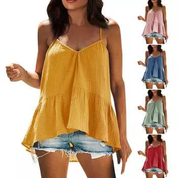 Женская свободная рубашка на тонких бретельках с V-образным вырезом и струящейся рубашкой-туникой S