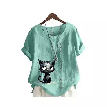 Женская свободная рубашка-пуловер, женская повседневная льняная блузка с круглым вырезом и принтом, летняя модная футболка с коротким рукавом S коричневый