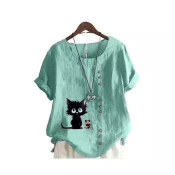 Женская свободная рубашка-пуловер, женская повседневная льняная блузка с круглым вырезом и принтом, летняя модная футболка с коротким рукавом S коричневый