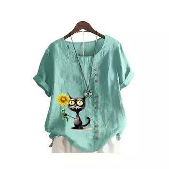 Женская свободная рубашка-пуловер, женская повседневная льняная блузка с круглым вырезом и принтом, летняя модная футболка с коротким рукавом S коричневый