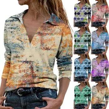 Женская свободная рубашка-рубашка оверсайз с v-образным вырезом и рукавами три четверти с принтом L армия зеленый