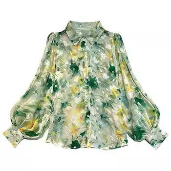 Женская свободная рубашка с цветочной вышивкой и блузка с рукавами-фонариками one size зелёный