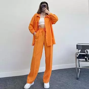 Женская свободная рубашка с длинным рукавом, брюки на весну и осень, женский комплект из двух предметов S оранжевый
