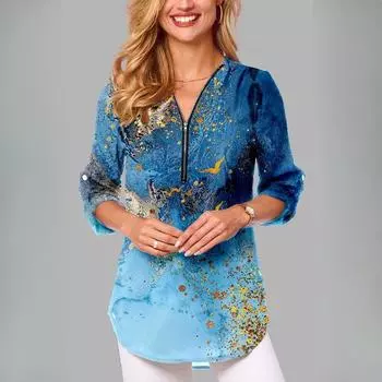 Женская свободная рубашка с длинным рукавом и застежкой-молнией и V-образным вырезом большого размера S