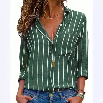 Женская свободная рубашка с длинным рукавом и лацканами в полоску L зелёный