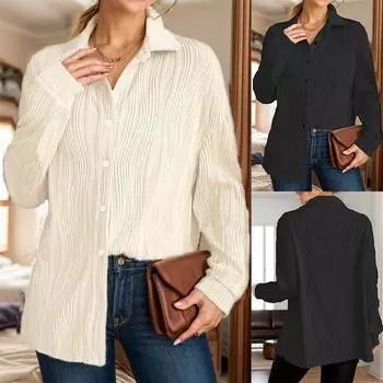 Женская свободная рубашка с длинным рукавом и волнистыми текстурированными лацканами L абрикосовый