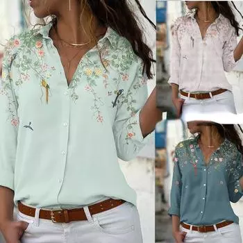 Женская свободная рубашка с длинным рукавом и принтом S