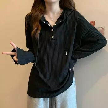 Женская свободная рубашка с длинным рукавом и пуговицами на весну и осень с капюшоном 3XL белый