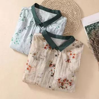 Женская свободная рубашка с лацканами с принтом, летняя литературно-художественная блузка большого размера, повседневная рубашка из хлопка и льна с рукавом три четверти XXL красный