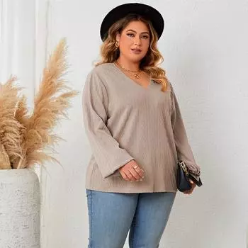 Женская свободная рубашка с v-образным вырезом и принтом с длинным рукавом, черная вязаная полые повседневные рубашки с цветочным принтом, мягкий дышащий удобный пуловер для работы, отдыха, плюс топ XL хаки