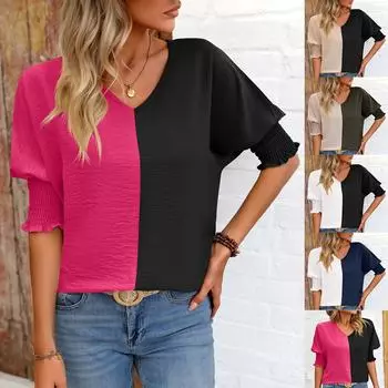 Женская свободная рубашка с v-образным вырезом и контрастными рукавами реглан с лацканами L чёрный