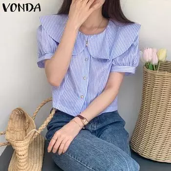 Женская свободная рубашка VONDA с круглым вырезом и рукавами-пузырьками в полоску и на пуговицах S красный