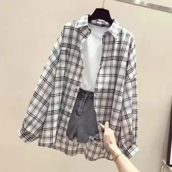 Женская свободная рубашка в клетку в стиле ретро на весну и лето с отворотами на пуговицах и защитой от солнца 3XL белый