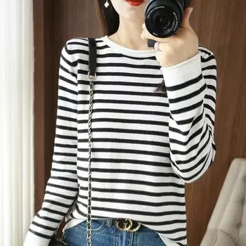 Женская свободная рубашка в полоску на весну и осень с длинным рукавом и круглым вырезом 3XL