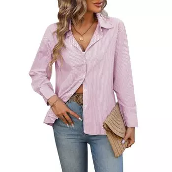 Женская свободная рубашка в полоску с длинными рукавами для поездок на работу и учебу на весну и осень S небесно-голубой