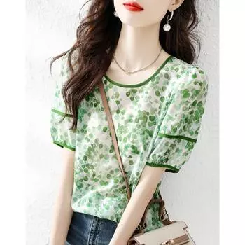 Женская свободная шифоновая блузка с цветочным принтом, круглым вырезом и рюшами по краю S зелёный
