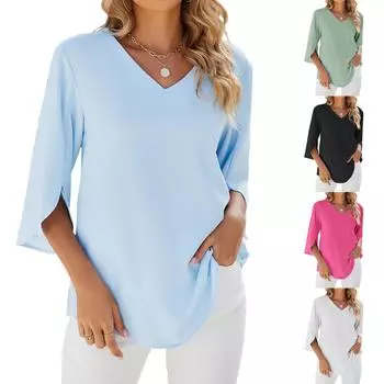 Женская свободная шифоновая рубашка с v-образным вырезом и средним рукавом, женские топы L чёрный