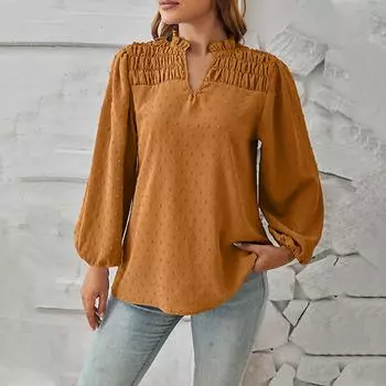 Женская свободная тканая рубашка с длинными рукавами и v-образным вырезом со сборками M оранжевый