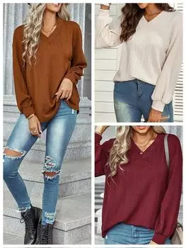 Женская свободная толстовка с длинным рукавом и V-образным вырезом, повседневные пуловеры S бежевый