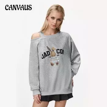 Женская свободная толстовка с длинным рукавом и открытыми плечами с принтом в виде мультфильма one size серый