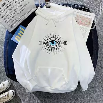 Женская свободная толстовка с капюшоном большого размера для женщин, флисовый пуловер с принтом глаз, толстовки для пар, осень-зима S белый