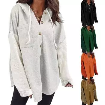 Женская свободная толстовка с капюшоном на пуговицах с длинным рукавом, вязаный свитер с завязками, повседневный свободный крой для осени и зимы, толстовки для женщин S серый