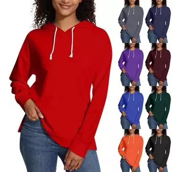 Женская свободная толстовка с капюшоном, повседневная, с длинным рукавом, однотонная, с завязками, с боковыми разрезами, пуловер, топ L чёрный
