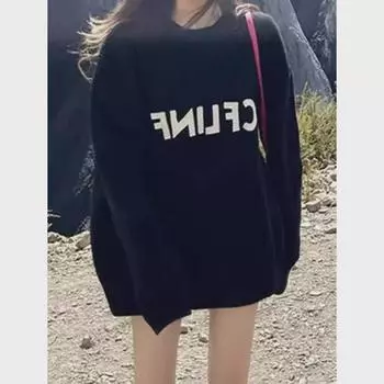 Женская свободная толстовка с круглым вырезом: Ретро-американский стиль с корейским влиянием, плюс бархат для осени и зимы. M [Recommended 70-100 lbs]