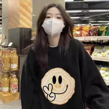 Женская свободная толстовка с принтом улыбающегося лица, женская с круглым вырезом и длинными рукавами, большой размер, толстовка с капюшоном на осень-зиму M