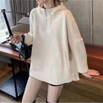 Женская свободная толстовка средней длины с капюшоном, однотонная, с длинными рукавами, полузастегивающаяся на молнию, на осень и зиму 4XL