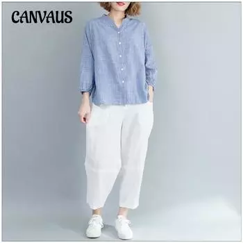 Женская свободная тонкая хлопковая льняная рубашка больших размеров в литературном стиле, повседневная удобная клетчатая рубашка One Size синий