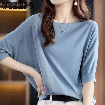 Женская свободная тонкая летняя футболка с напуском с круглым вырезом и коротким рукавом больших размеров, тонкая футболка с мясом S синий
