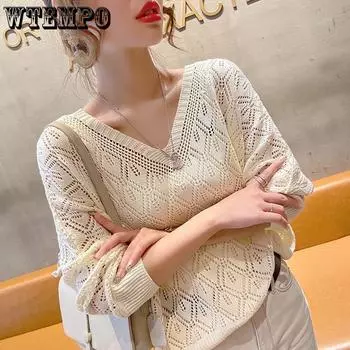 Женская свободная тонкая весенняя дышащая повседневная блузка с v-образным вырезом и цветочным узором, пуловер, рубашка «летучая мышь», короткий топ S бежевый